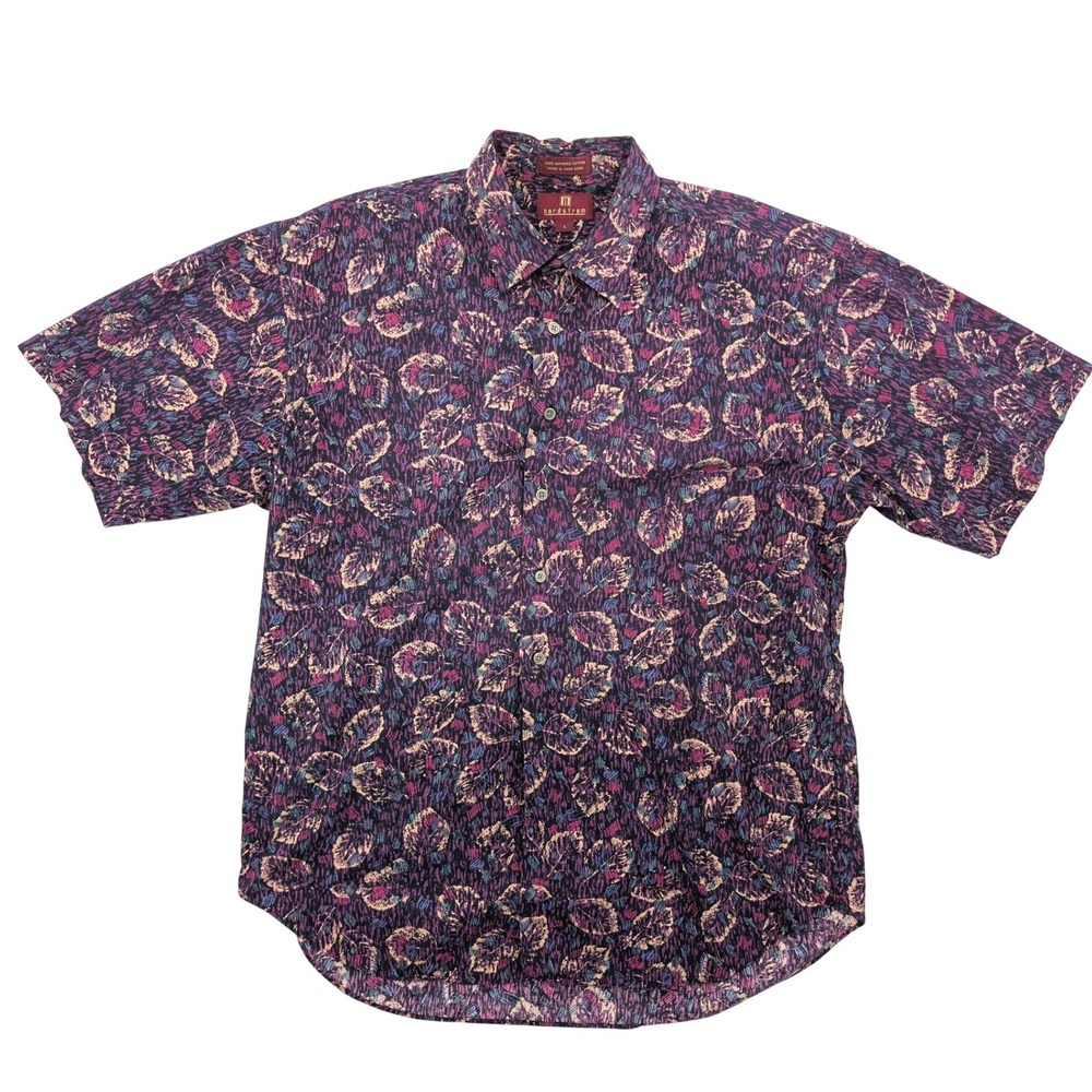 Vintage Nordstrom Men's Abstract Floral Short Sleeve Shirt 90s Purple Cotton L